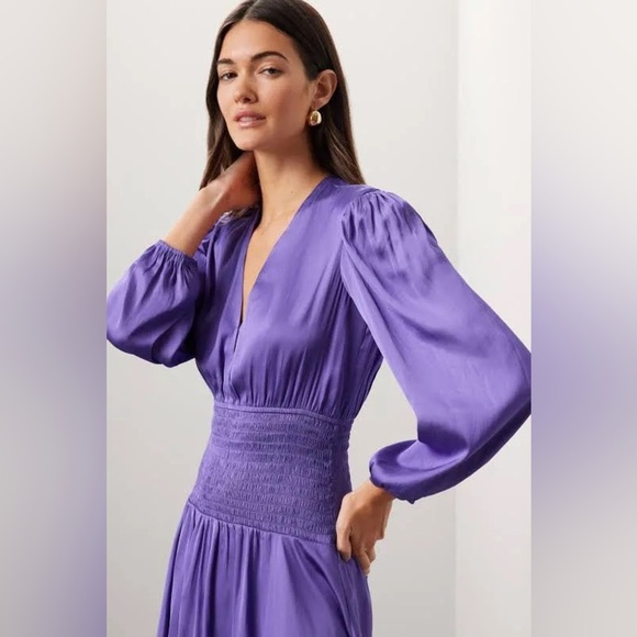 Maje Reloua Purple Satin Smock-Waisted Long Sleeve Dress FR 34 (US XS or 0) - Picture 3 of 13
